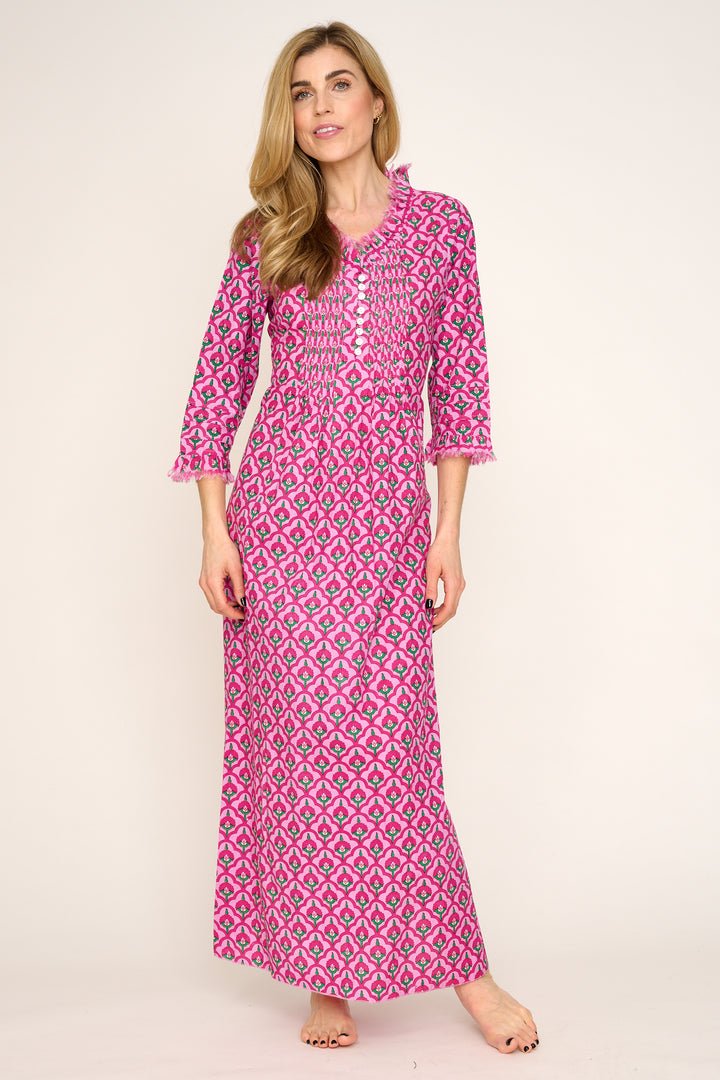 Cotton Annabel Maxi Dress in Pink & Green Moroccan