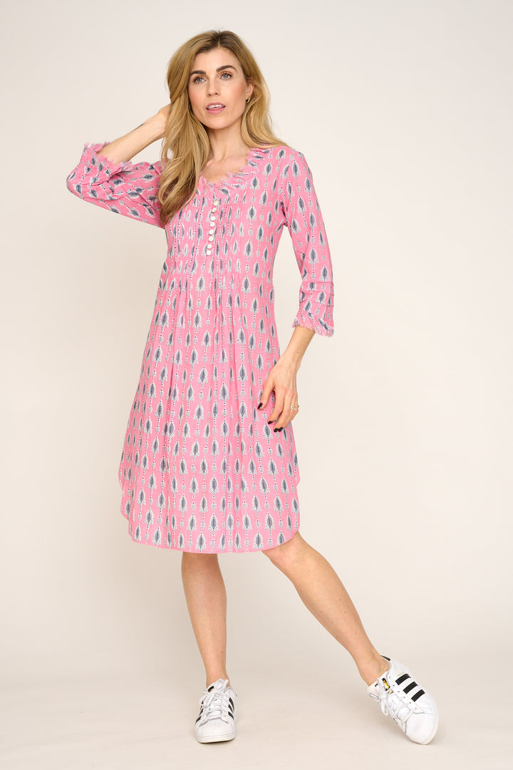 Annabel Cotton Tunic in Raspberry Sorbet with Grey Leaf