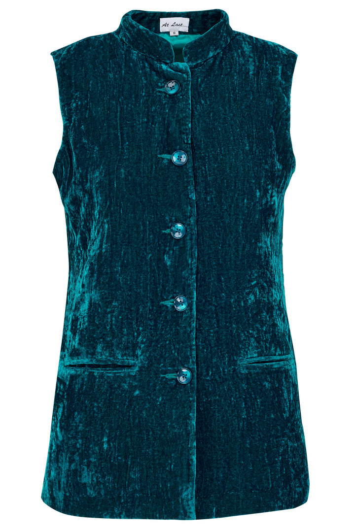 Short Silk Velvet Waistcoat In Kingfisher Blue