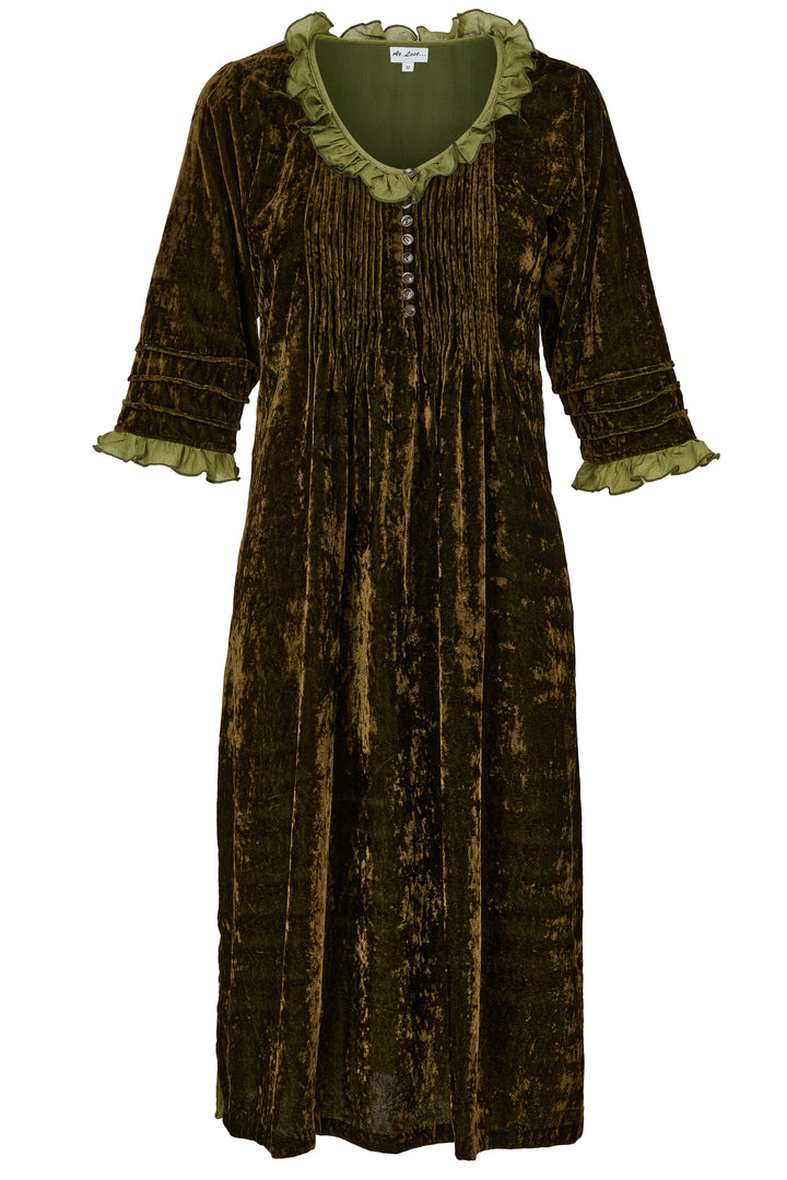 Silk Velvet Karen Dress in Olive Green