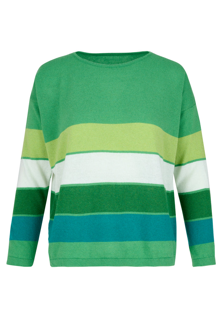 Cashmere Mix Sweater in Green with Solid Multi Stripes