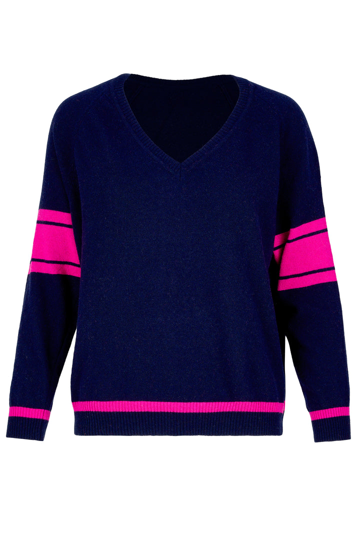 Cashmere Mix Sweater in Navy with Hot Pink Arm & Hem Stripes
