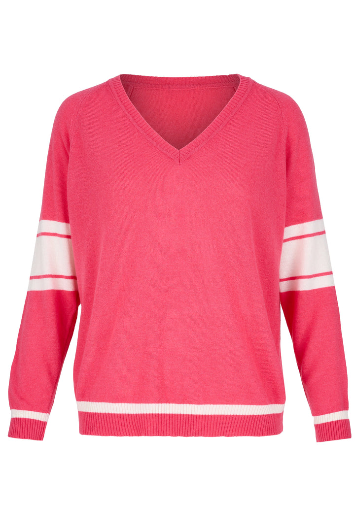 Cashmere Mix Sweater in Coral with Cream Arm & Hem Stripes