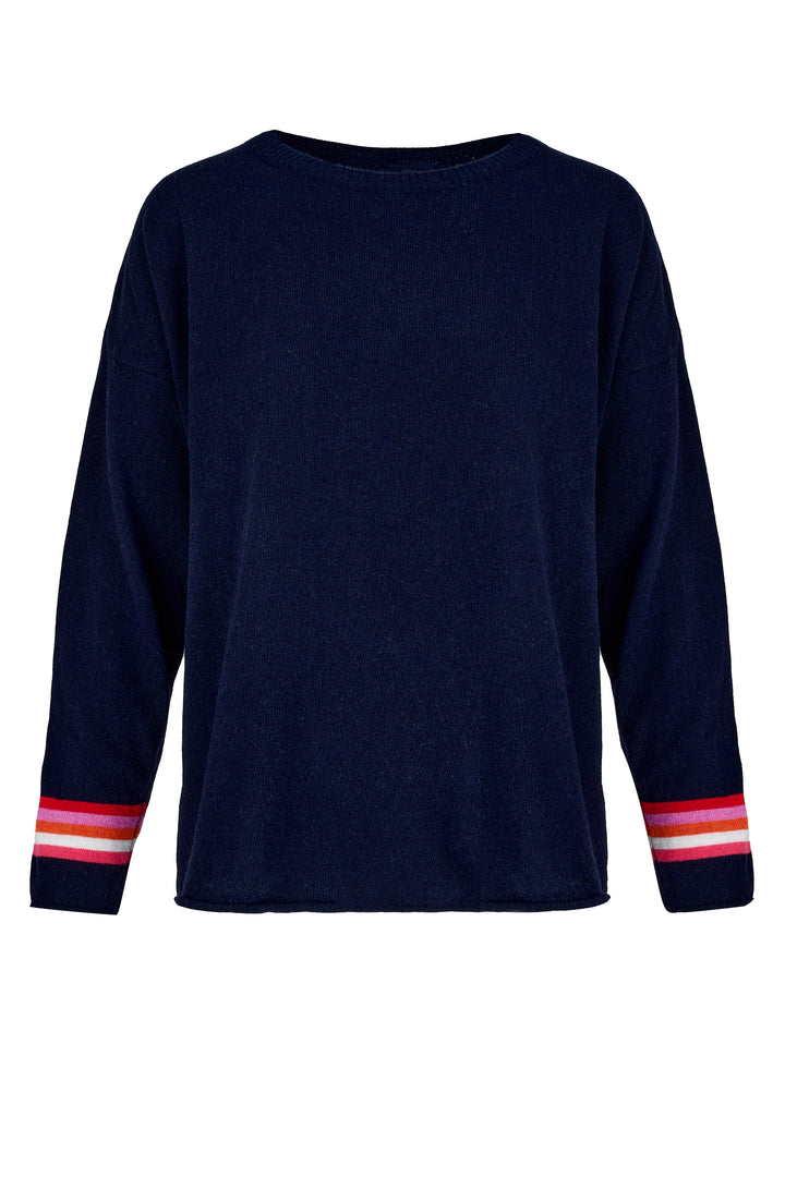 Cashmere Mix Sweater in Navy with Hem & Cuff Multi Stripe