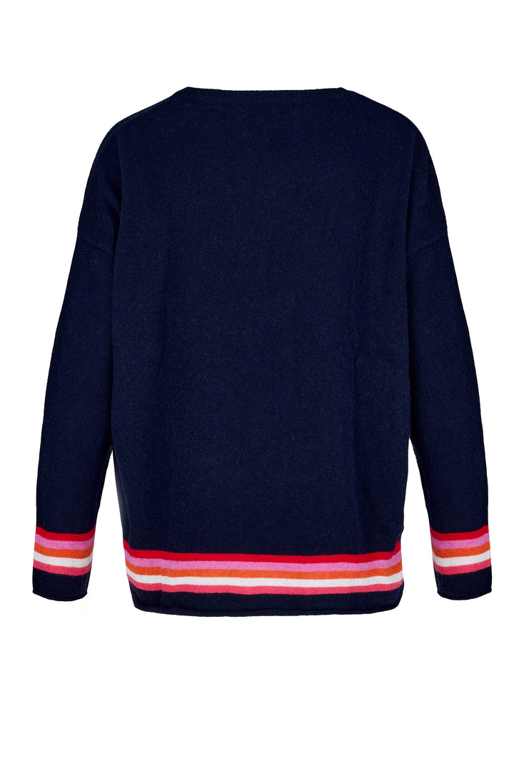 Cashmere Mix Sweater in Navy with Hem & Cuff Multi Stripe