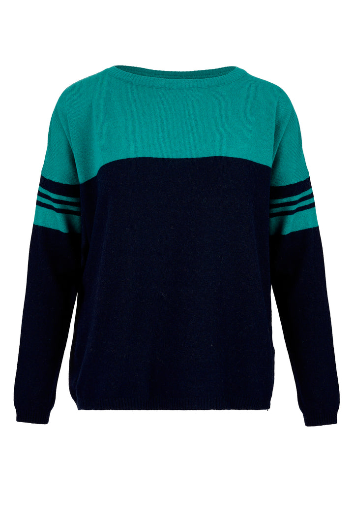 Cashmere Mix Sweater in Teal & Navy with Navy Arm Rings