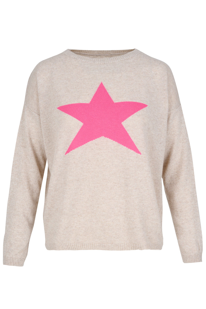 Cashmere Mix Sweater in Beige with Pink Star