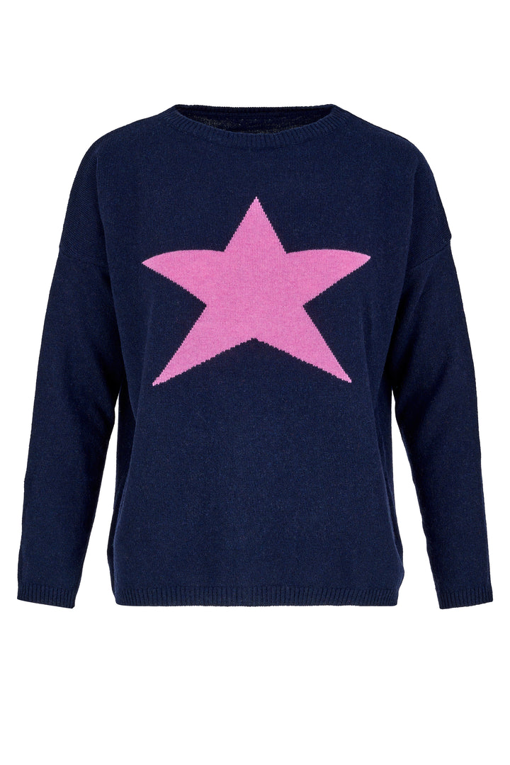 Cashmere Mix Sweater in Navy with Pink Star