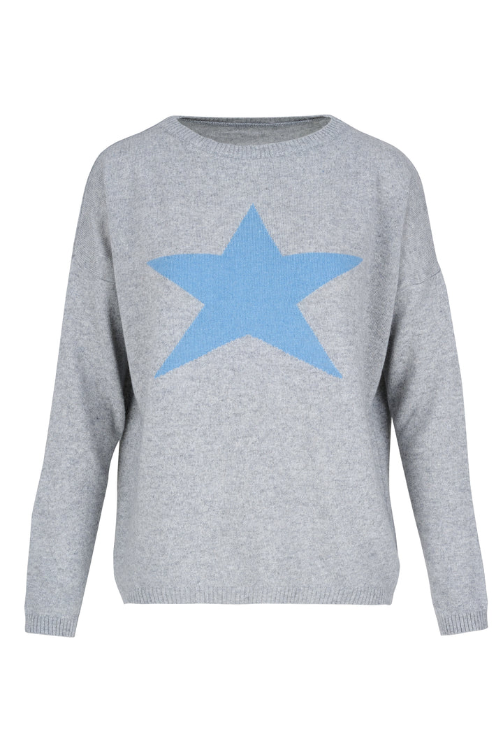 Cashmere Mix Sweater in Grey with Sky Blue Star