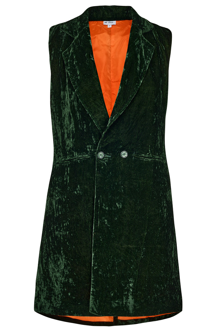 Long Silk Velvet Waistcoat In Forest Green