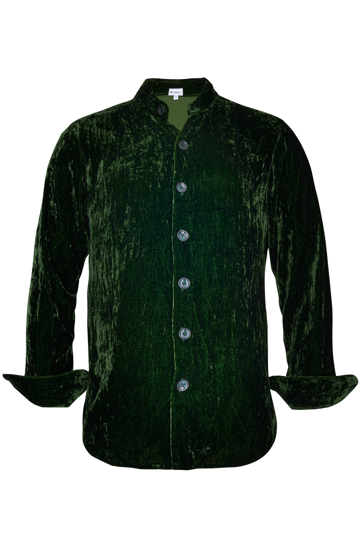 Silk Velvet Men's Shirt in Forest Green with Mandarin Collar