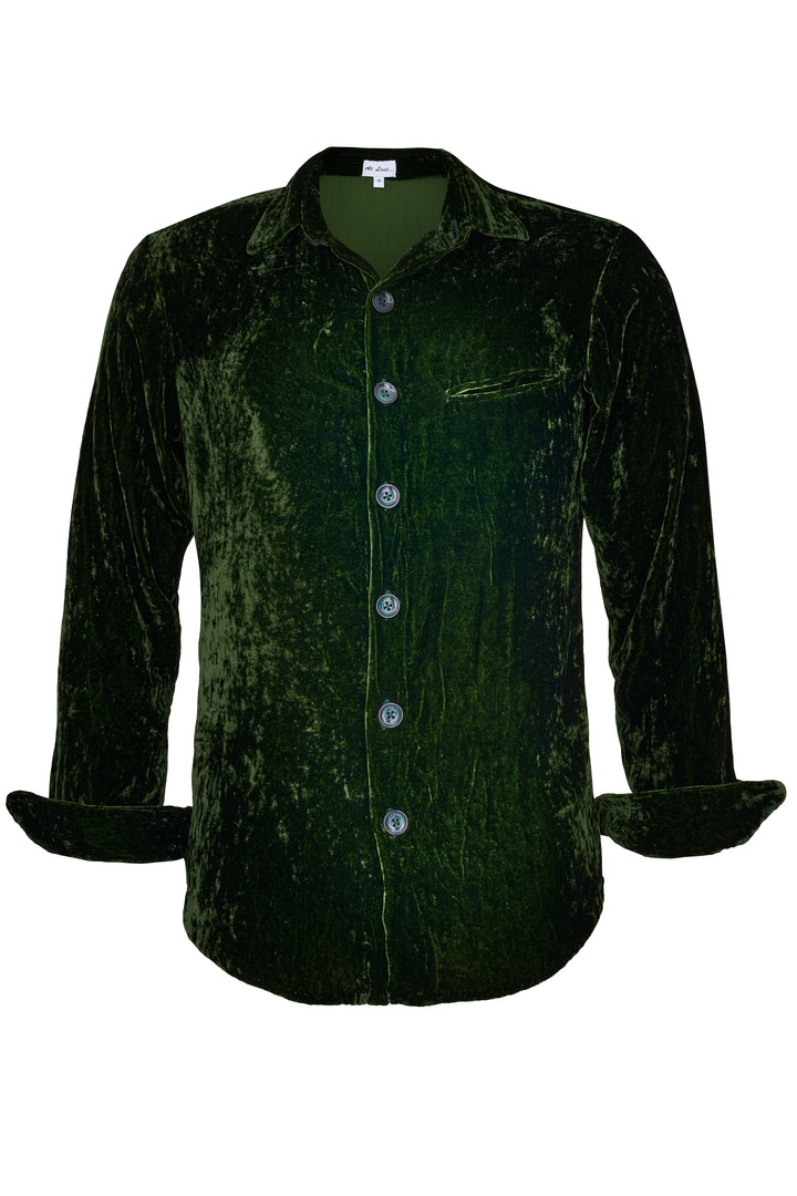 Silk Velvet Men's Shirt in Forest Green