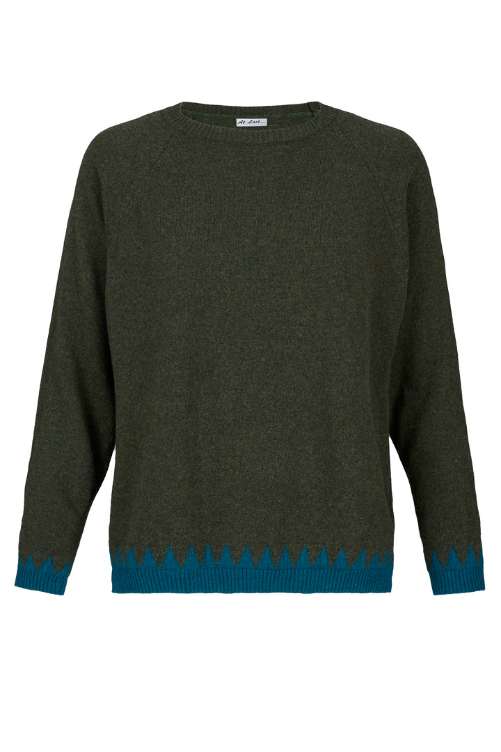 Cashmere Mix Sweater in Olive with Blue Zig Zag Hem & Cuffs