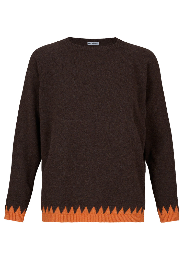 Cashmere Mix Sweater in Brown with Orange Zig Zag Hem & Cuffs