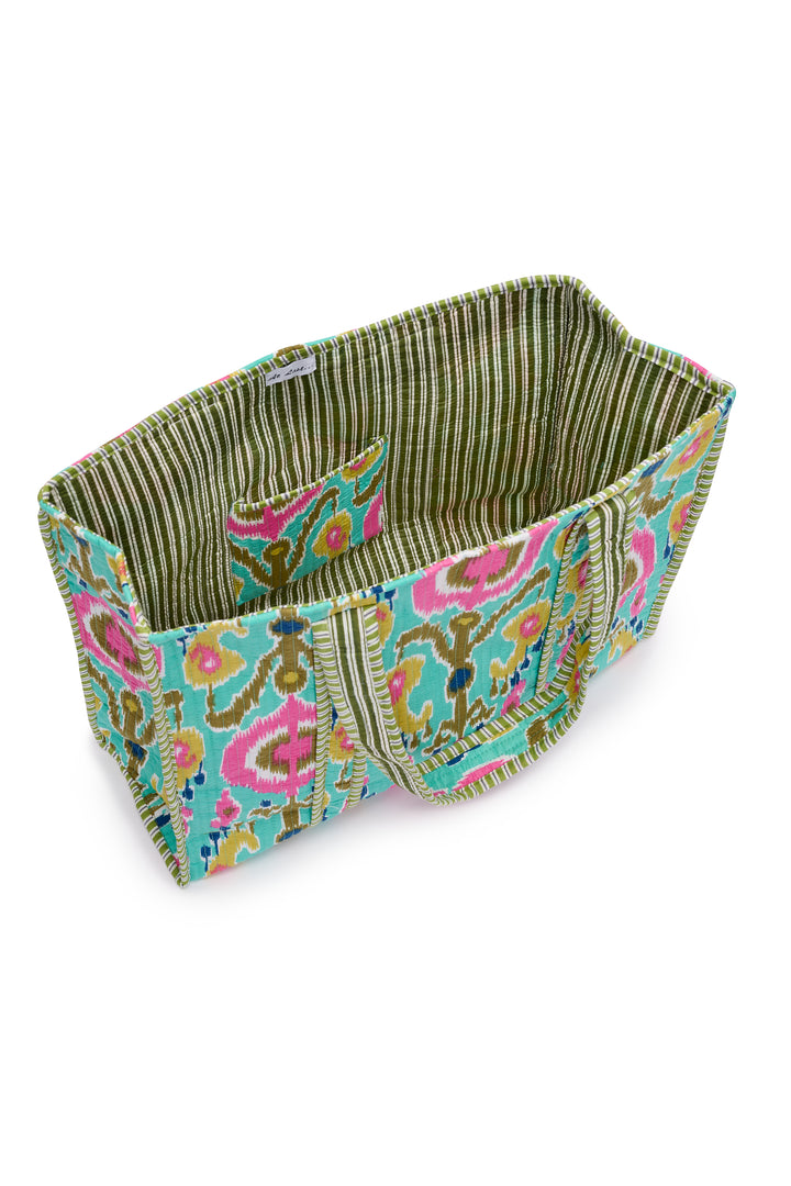 Cotton Tote Bag In Turquoise Multi Ikat