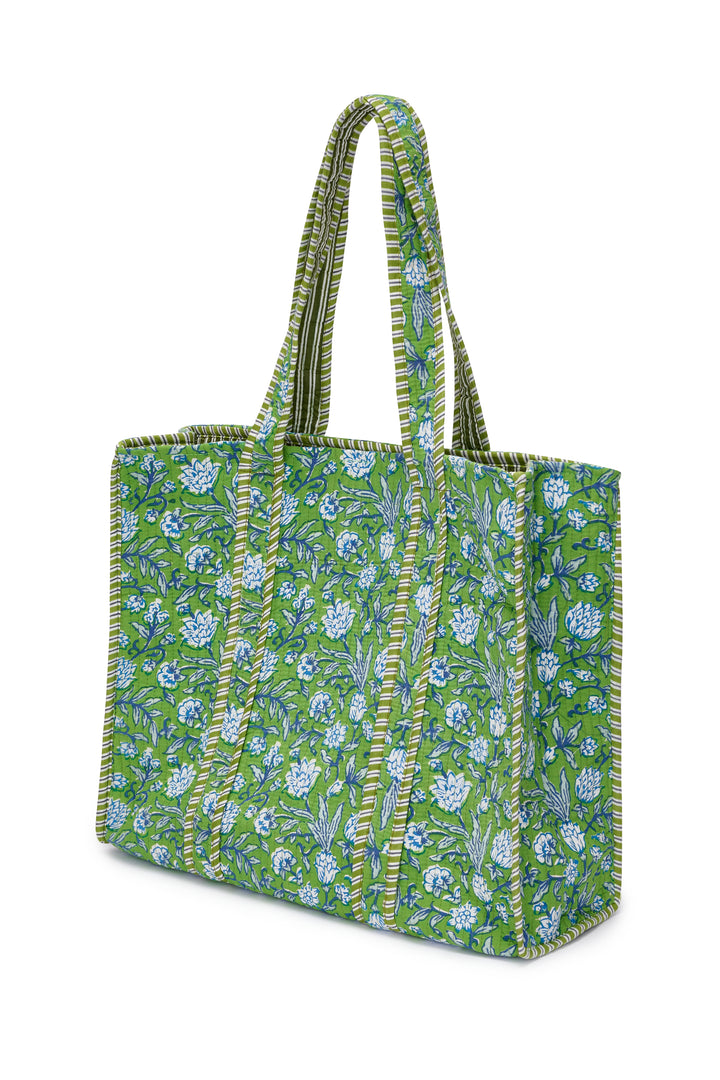 Cotton Tote Bag In Green with White & Blue Flower