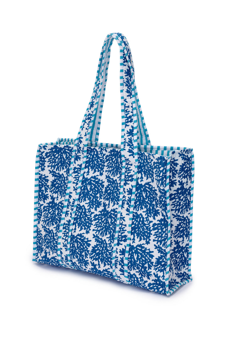 Cotton Tote Bag In White with Blue Reef