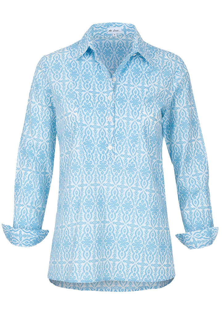 Cotton Mayfair Shirt in Baby Blue & White