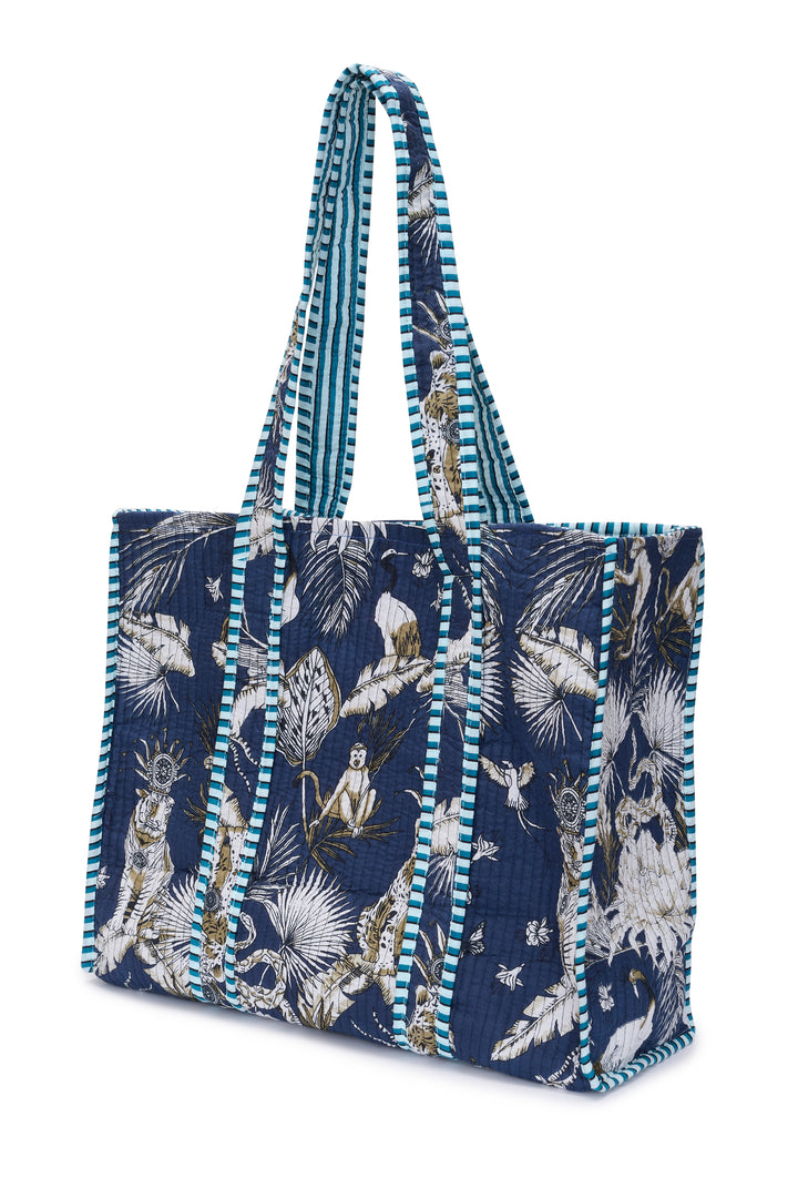 Cotton Tote Bag In Navy Tropical