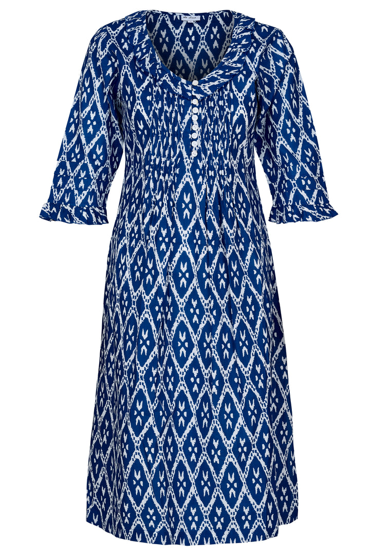 Cotton Karen 3/4 Sleeve Day Dress in Blue Diamond