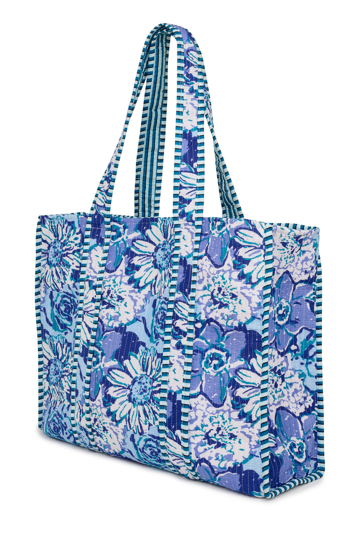 Cotton Tote Bag In Blue Seas & White Floral