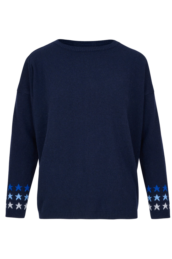 Cashmere Mix Sweater in Navy with Multi Star Cuff