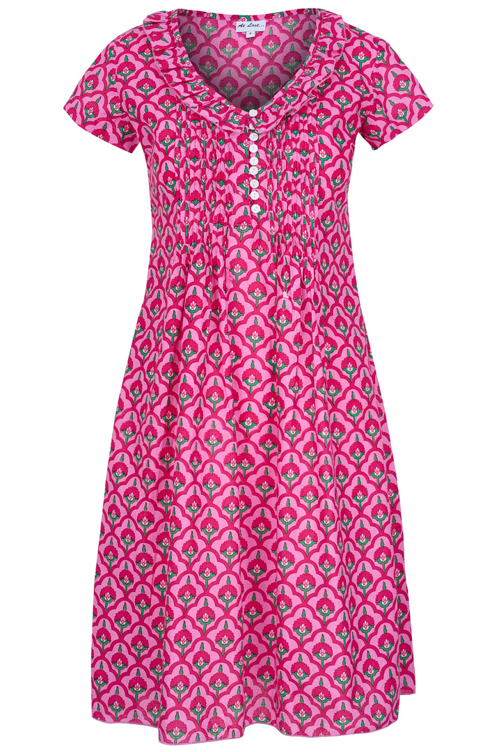 Cotton Karen Short Sleeve Day Dress in Pink & Green Moroccan