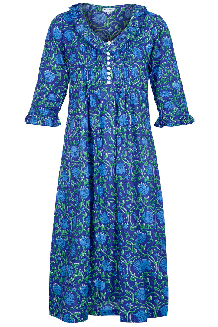 Cotton Karen 3/4 Sleeve Day Dress in Royal Blue with Blue & Green Flower