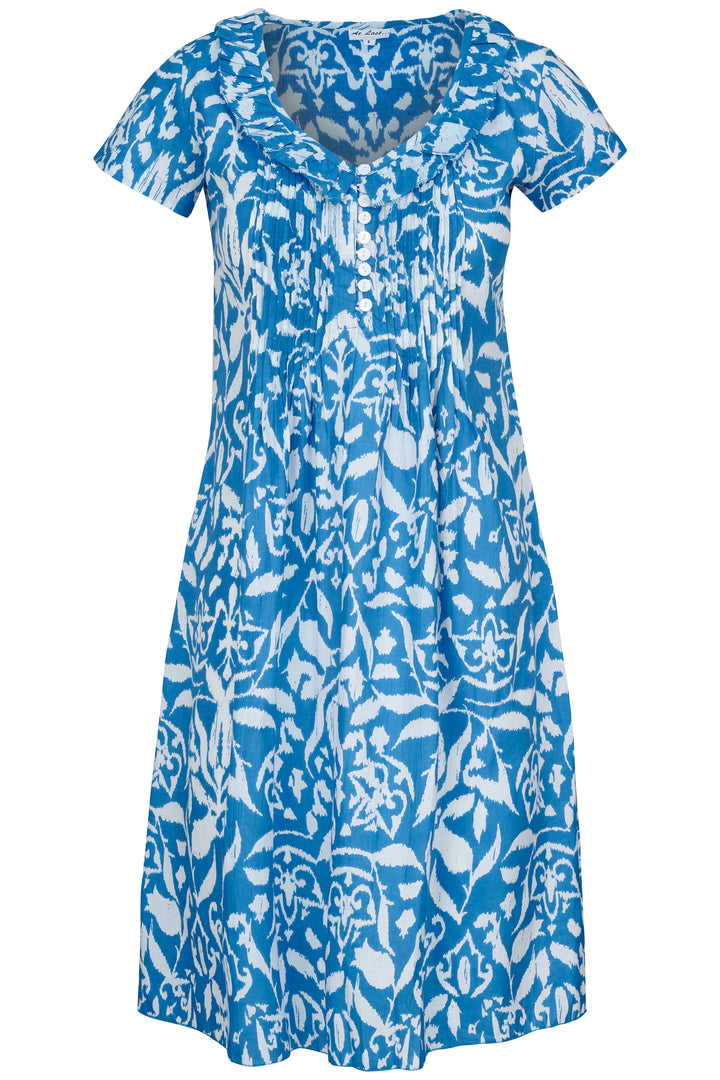 Cotton Karen Short Sleeve Day Dress in Azure Blue & White