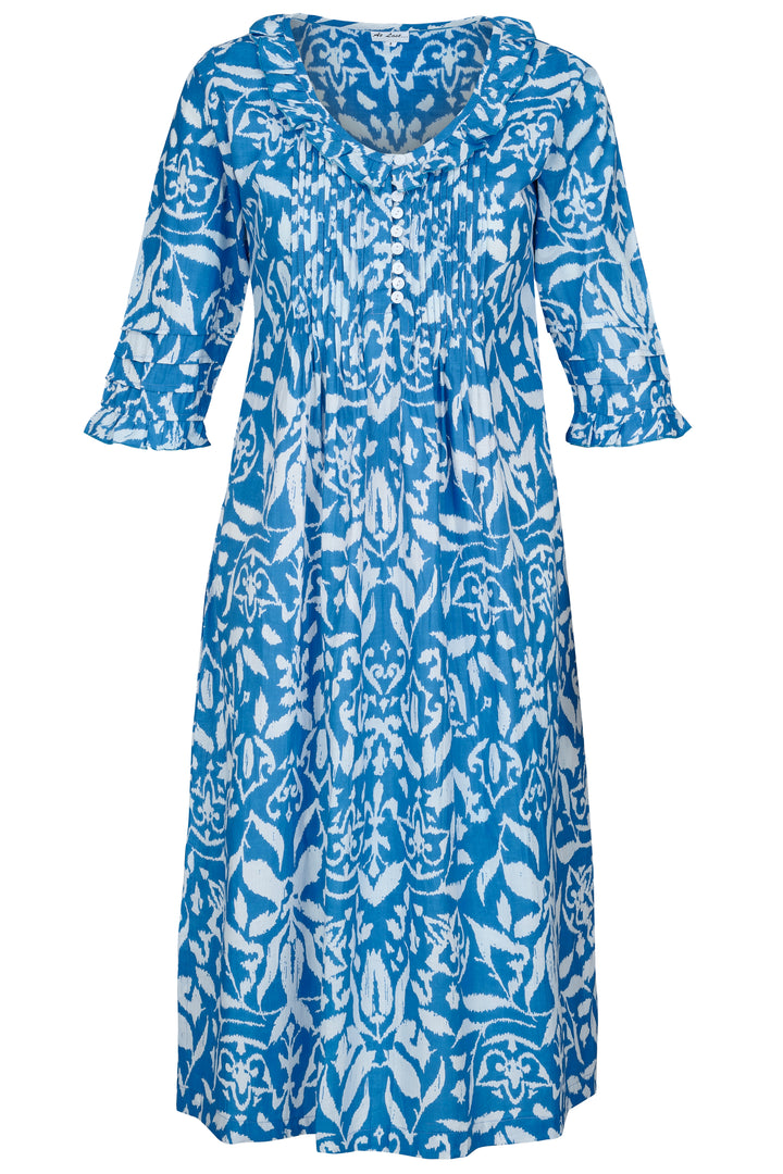 Cotton Karen 3/4 Sleeve Day Dress in Azure Blue & White