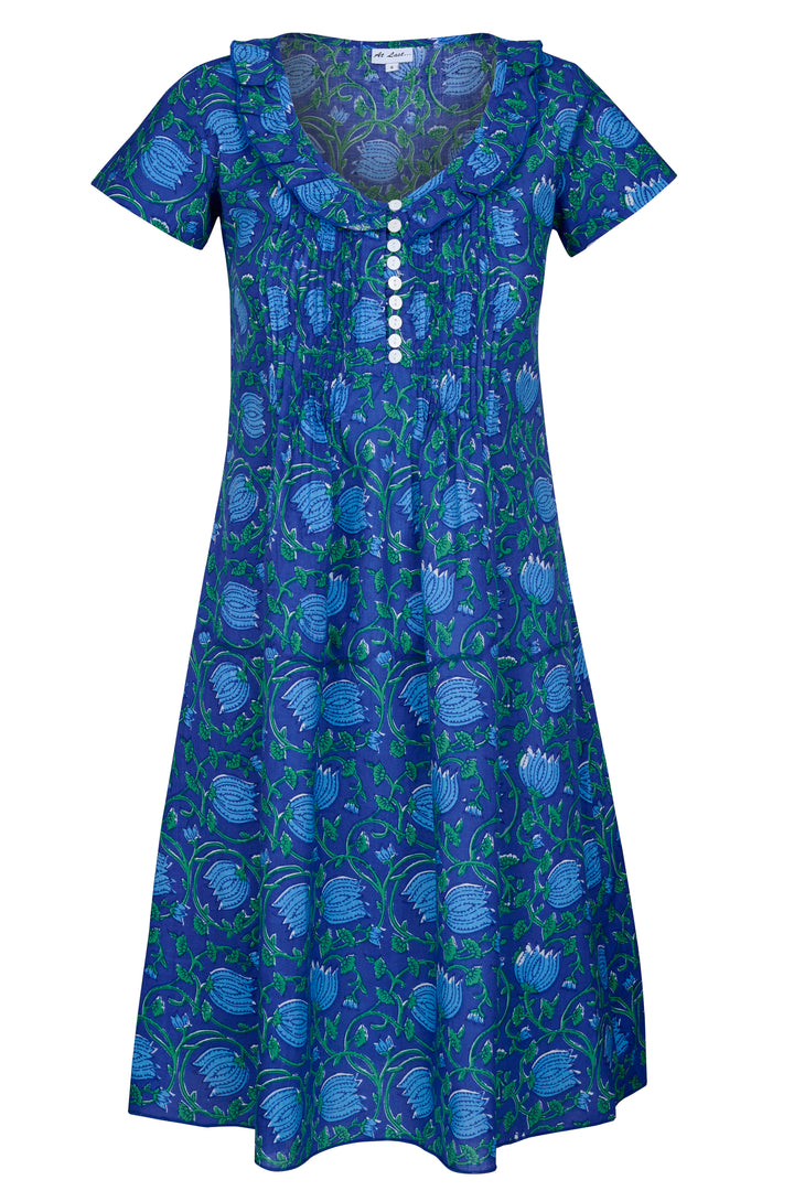 Cotton Karen Short Sleeve Day Dress in Royal Blue with Blue & Green Flower