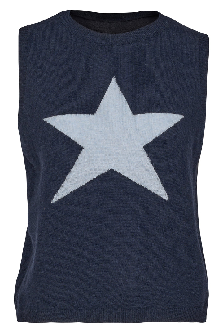 Cashmere Mix Sleeveless Jumper in Navy with Baby Blue Star