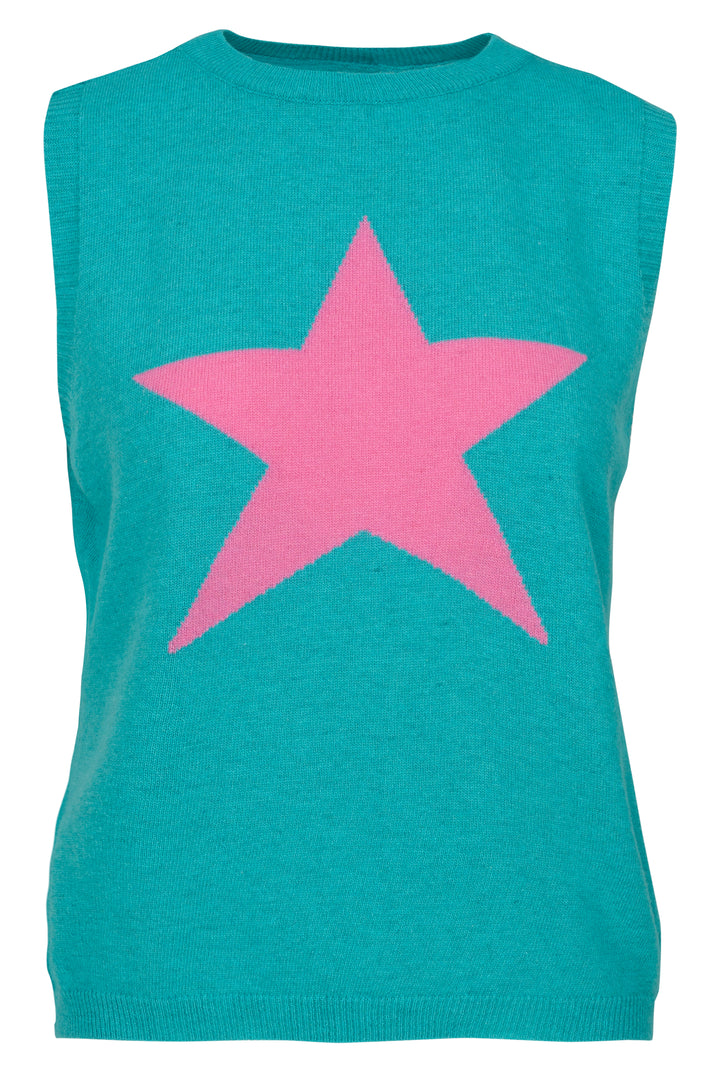 Cashmere Mix Sleeveless Jumper in Turquoise with Pink Star