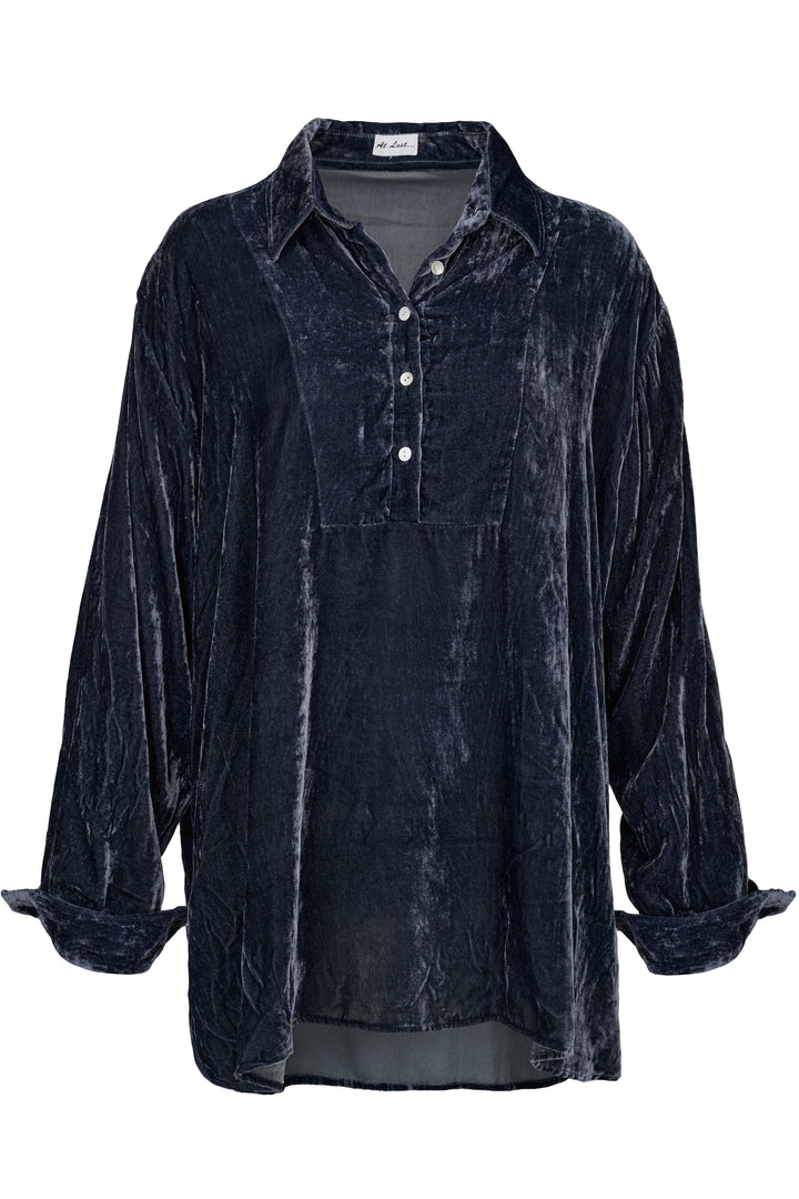 Ava Oversized Silk Velvet Shirt In Slate Grey