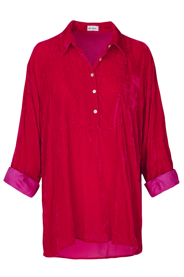 Ava Oversized Silk Velvet Shirt In Hot Pink