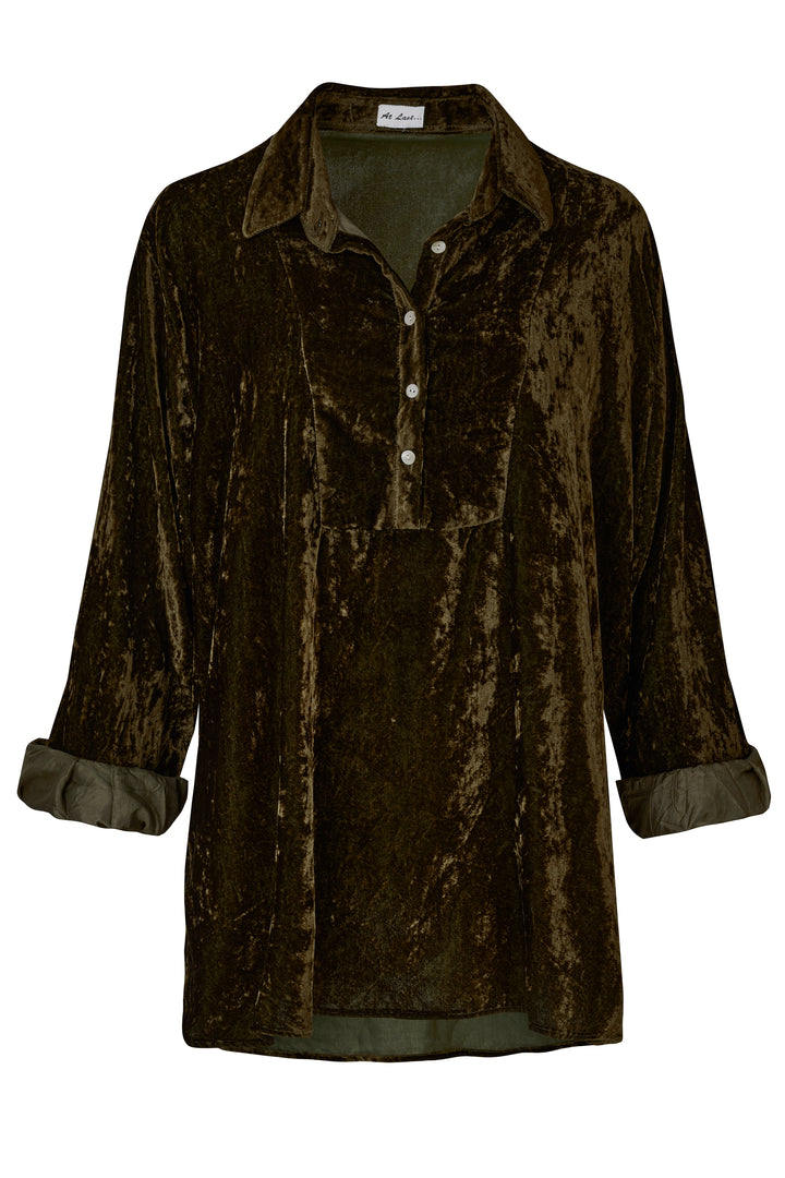 Ava Oversized Silk Velvet Shirt In Olive