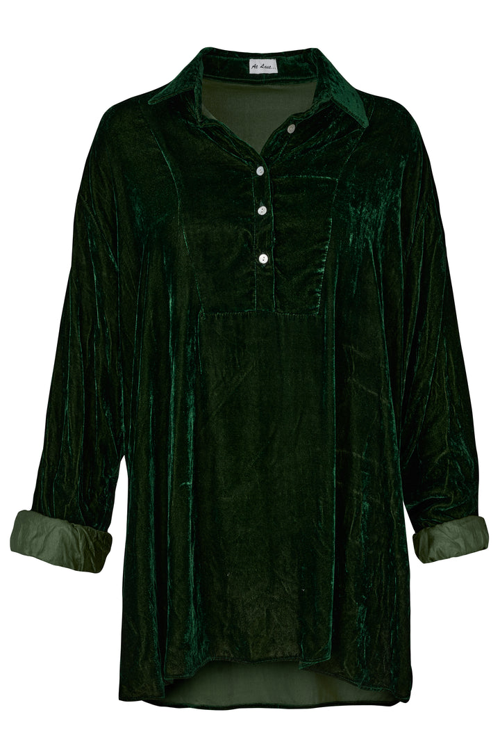 Ava Oversized Silk Velvet Shirt In Forest Green