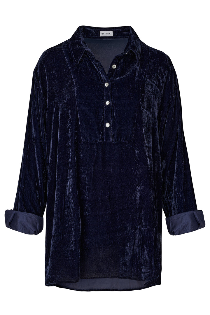 Ava Oversized Silk Velvet Shirt In Navy