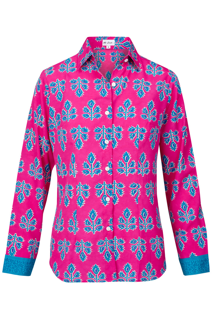 Freya Shirt In Pink & Blue Thistle with Contrast Cuff