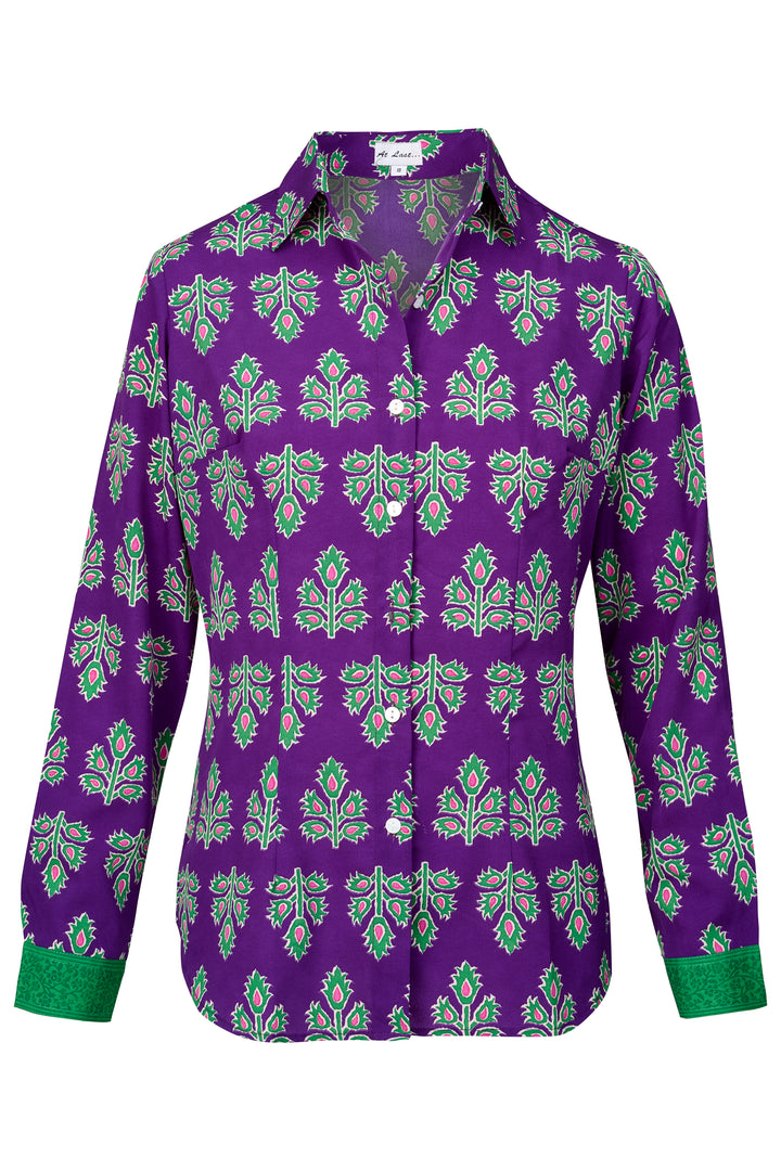 Freya Shirt In Violet & Green Thistle with Contrast Cuff