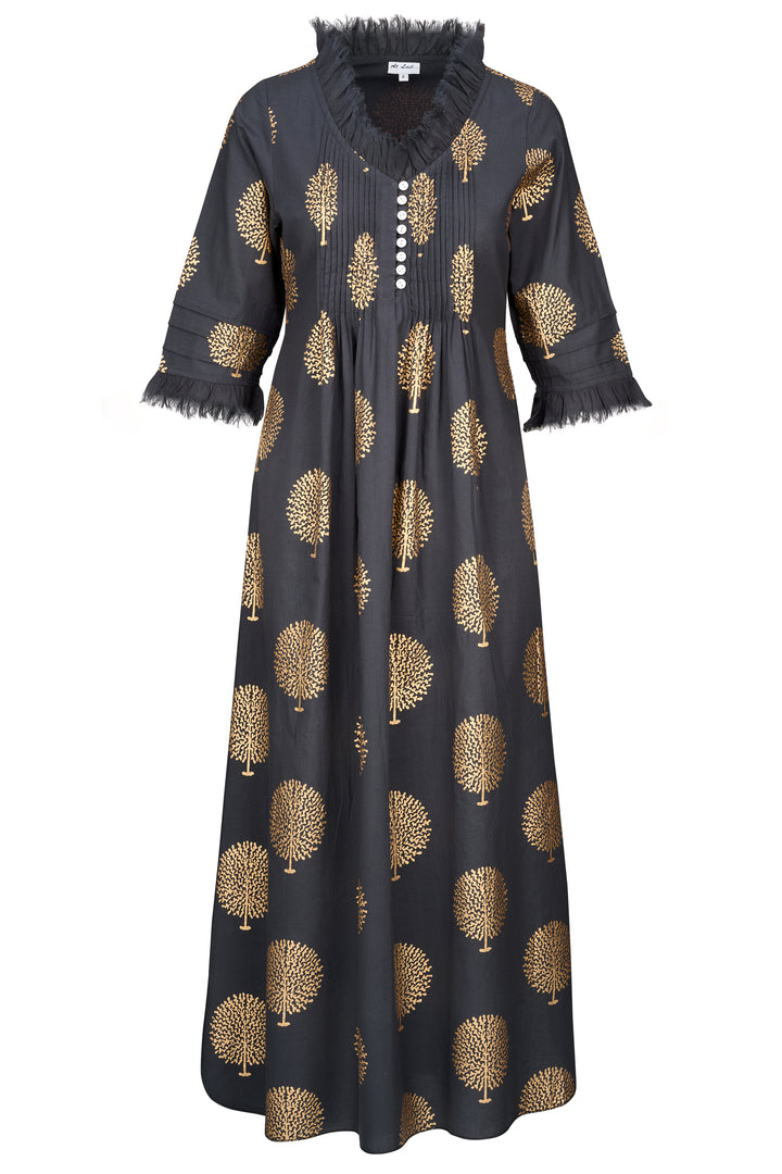 Cotton Annabel Maxi Dress in Charcoal Grey & Gold