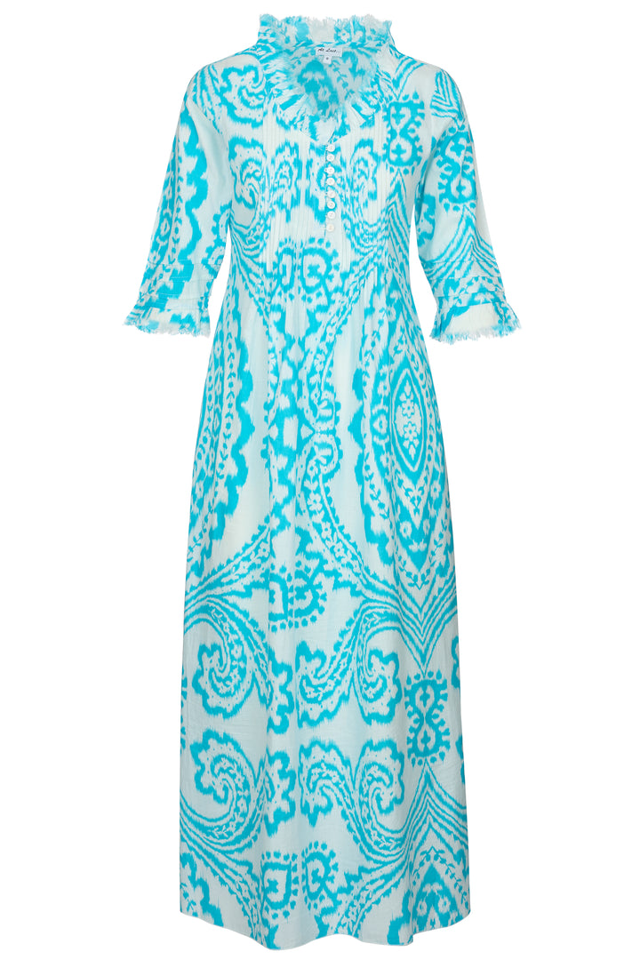 Cotton Annabel Maxi Dress in Turquoise & White Ikat