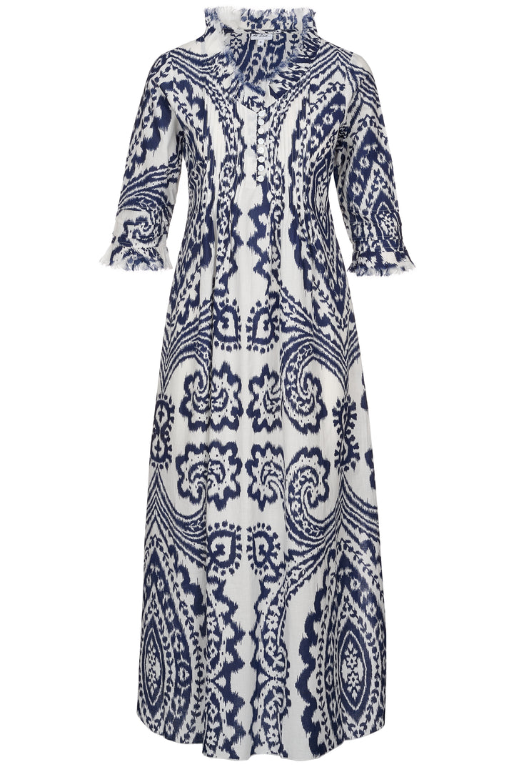 Cotton Annabel Maxi Dress in Navy & White Ikat