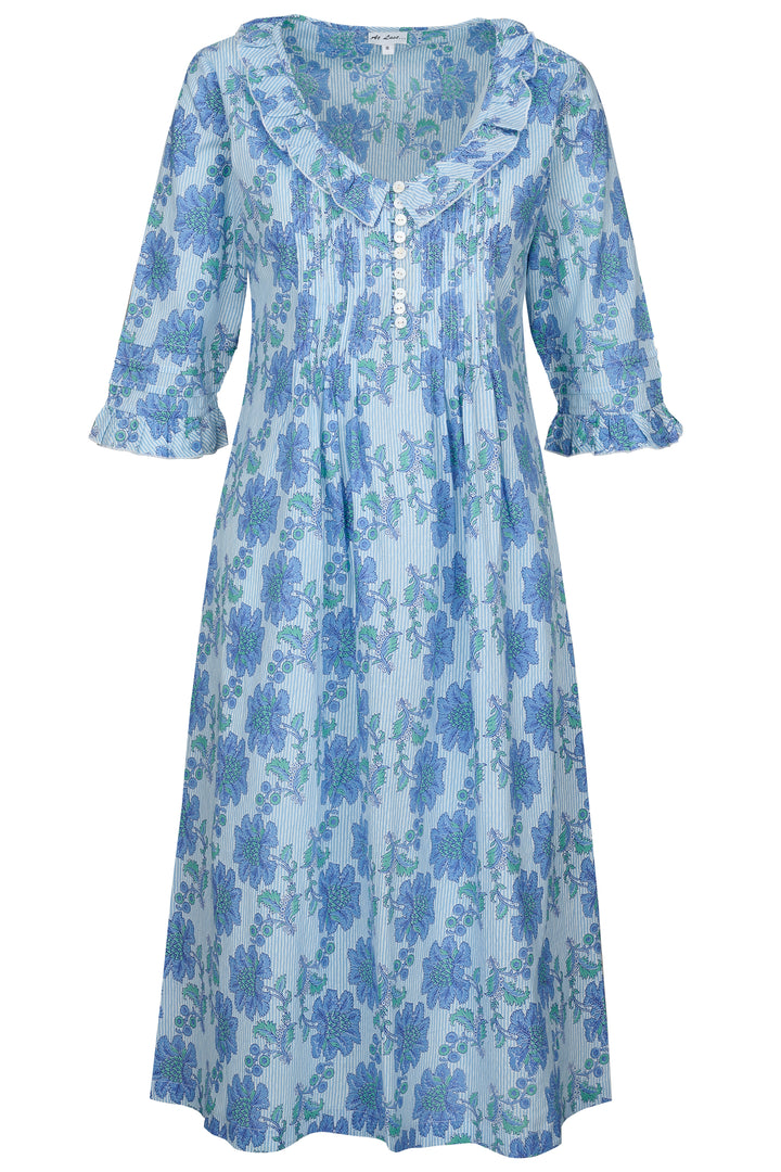 Cotton Karen 3/4 Sleeve Day Dress in Blue Pinstripe