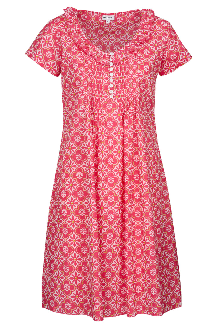 Cotton Karen Short Sleeve Day Dress in Coral & White Flower