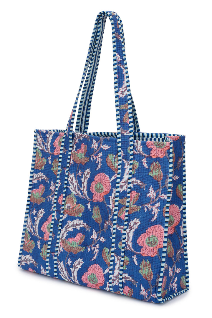 Large Cotton Tote Bag In Royal Blue & Coral Flower