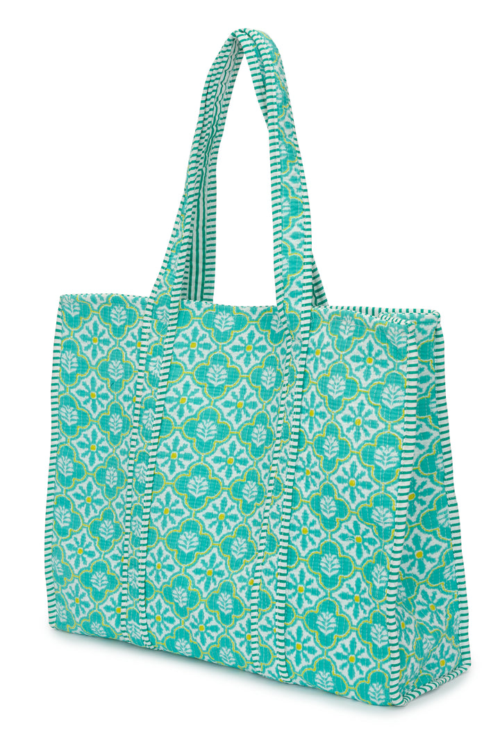 Large Cotton Tote Bag In Turquoise & White Flower