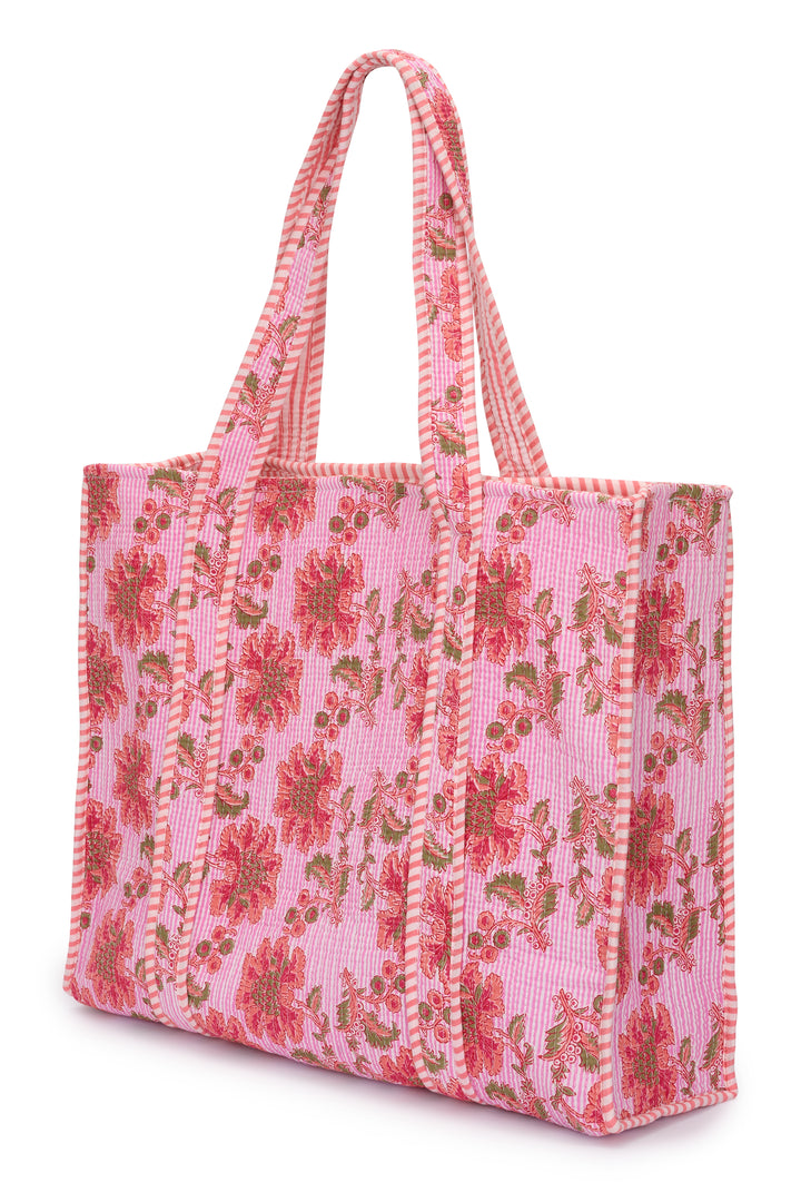 Large Cotton Tote Bag In Pink Pinstripe