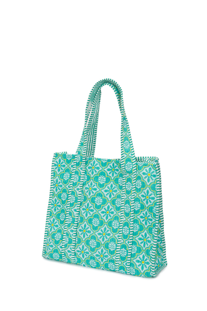 Medium Cotton Tote Bag In Turquoise & White Flower