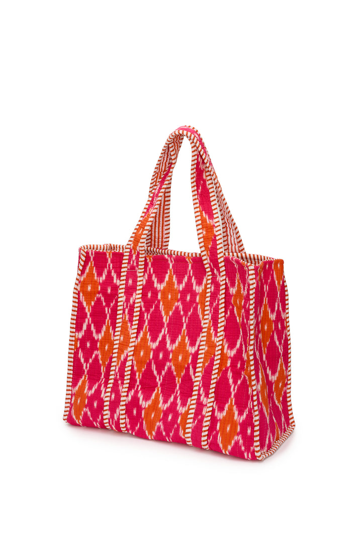 Medium Cotton Tote Bag In Fuschia & Orange Diamond